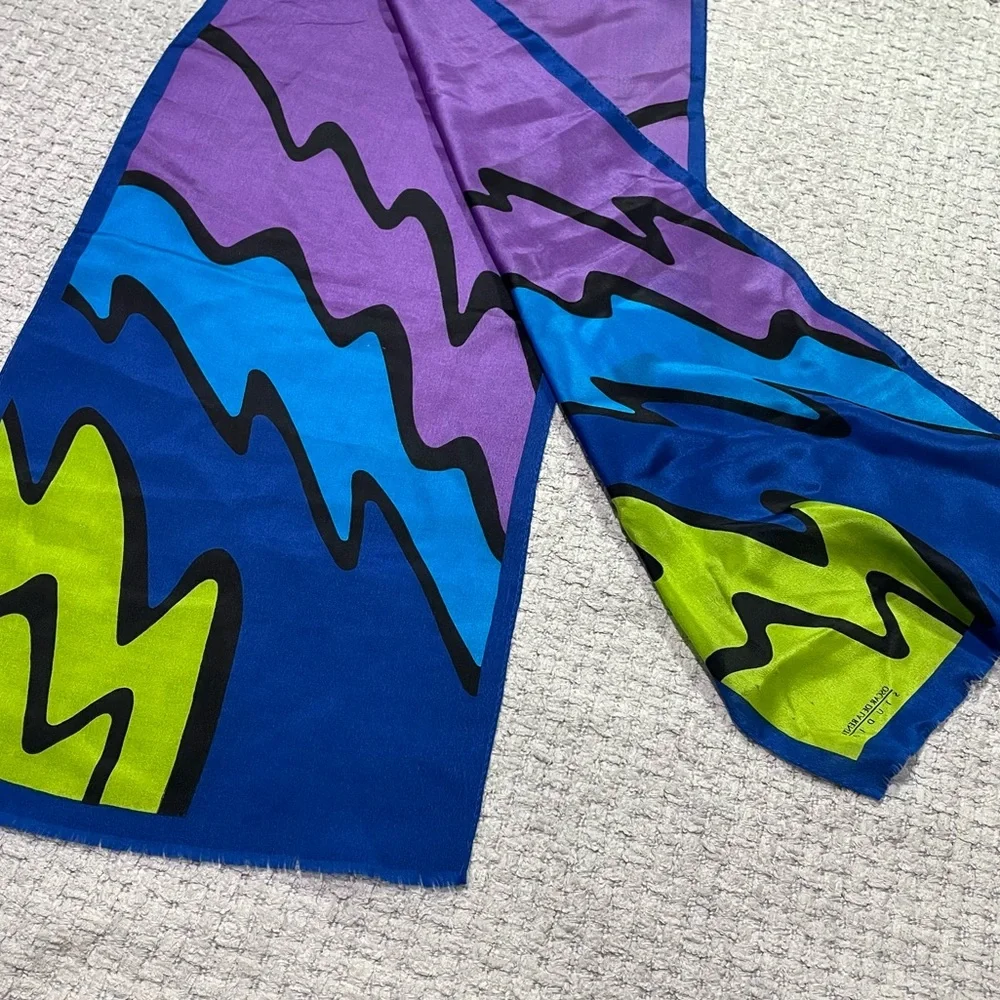 Vintage Oscar de la Renta Studio Silk Scarf Wave Pattern Green Blue Purple